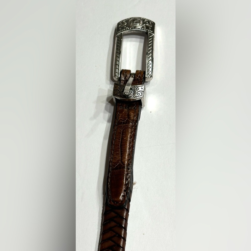 Brighton Womens Brown Braided Leather Skinny Silver Belt Size Medium M 30 - Picture 6 of 12